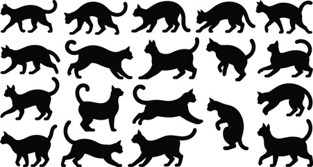 Cat silhouettes collection isolated on white background, various domestic feline walking jumping playing poses vector illustration set © MD MIJANUR