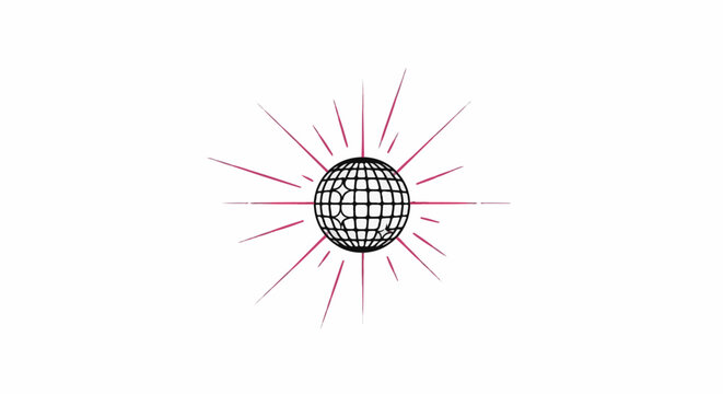 A black sphere with grid pattern and reflective surfaces radiates pink lines