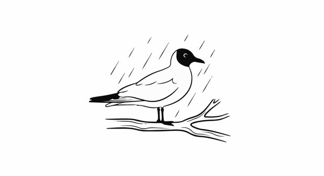 A black-headed bird perches on a bare branch amidst falling rain
