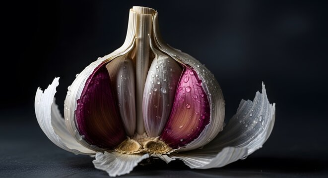 Fresh garlic bulb cut open, revealing vibrant purple cloves adorned with glistening water droplets on a dark background.
