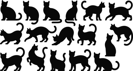 Cat silhouettes set isolated on white background, various domestic feline sitting walking playful poses vector illustration collection © MD MIJANUR