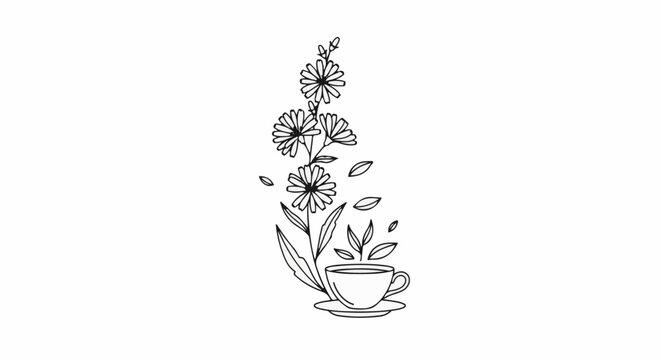 A delicate black and white sketch of a steaming teacup beside a blossoming flower stem