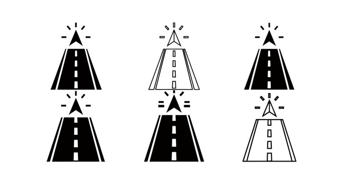 Six variations of a road icon with center dashed lanes and roadside markings in black and white.