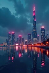 Obraz premium Cityscape, glowing towers reflecting on water, city, golden hour