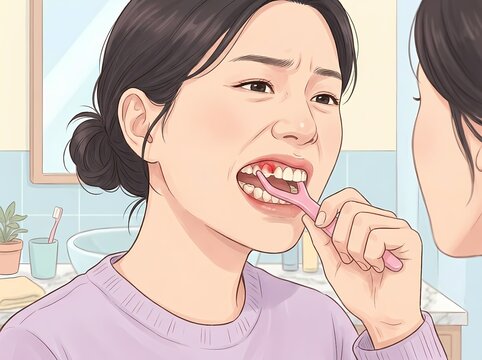 Illustration of a woman looking in the mirror with bleeding gums while using a dental floss pick.