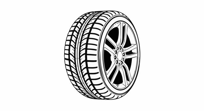 A black and white line drawing of a car tire on a rim
