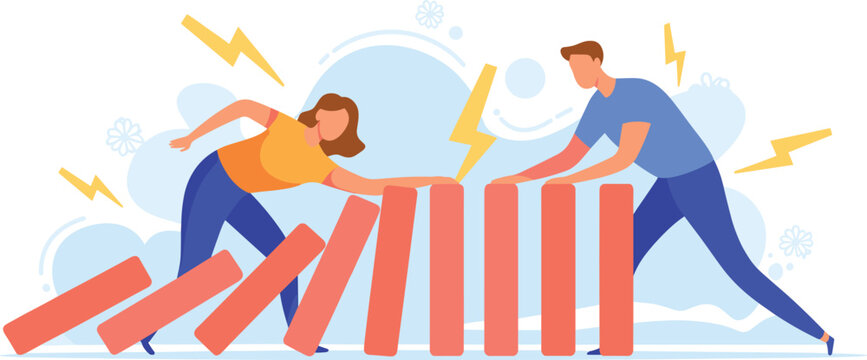 Woman supporting vertical domino while man triggers a chain reaction representing business stability intervention and risk management control concept