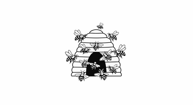 A black and white illustration of a beehive with many bees