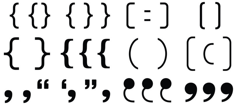 Curly braces parentheses angle quotation marks design set, abstract punctuation and programming symbols collection, vector illustration assets for software development