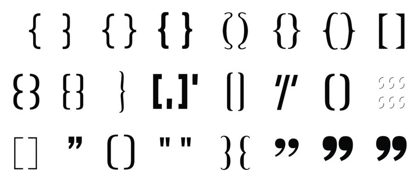 Curly braces parentheses angle quotation marks icon set, typography punctuation symbols collection, vector illustration