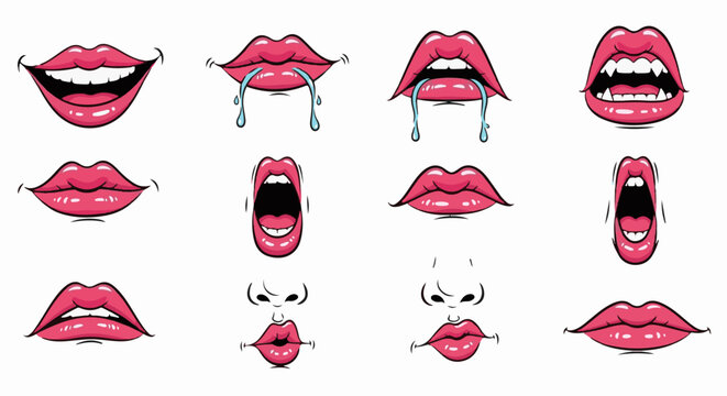 A diverse collection of cartoon lips and noses expressing various emotions