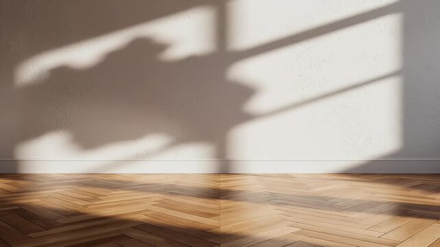 A minimalist interior scene showcases a textured wall illuminated by sunlight, casting a human shadow and complemented by a polished parquet floor.