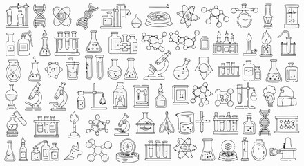 Obraz premium A collection of hand-drawn science and chemistry equipment icons