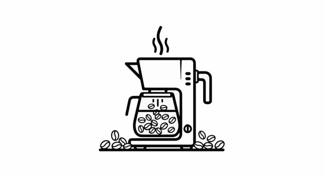 A black and white line drawing of a coffee maker brewing coffee with beans