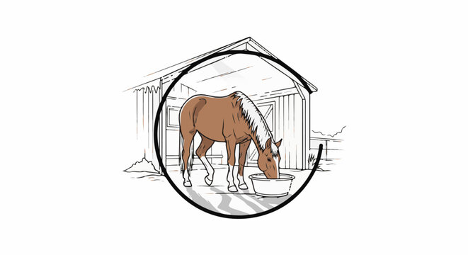A brown and white horse drinks water from a trough outside a barn
