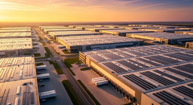 Wide aerial view of a modern industrial logistics park with solar panels on roofs during a golden sunset, featuring clean roads and shadows, building, commercial, supply chain