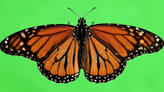 A vibrant monarch butterfly with intricately patterned wings is displayed against a bright green screen, showcasing its beauty and delicate details.