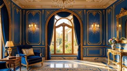 Obraz premium Elegant interior of a luxurious palace, featuring blue walls and gold accents.