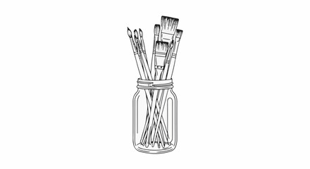 A collection of paintbrushes stands upright in a glass jar © Hamzah