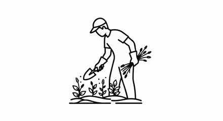 Obraz premium A person in gloves and a cap is tending to young plants with a trowel
