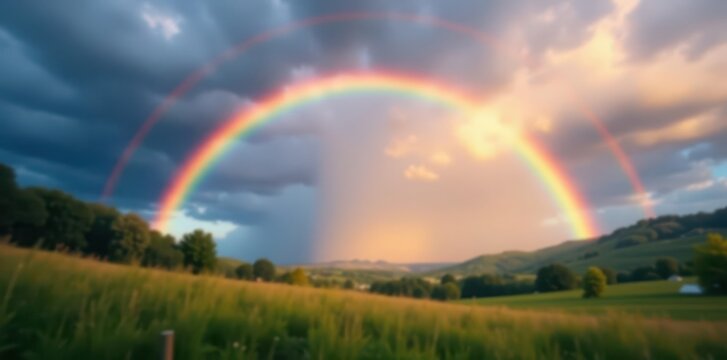 Vibrant arched rainbow streaks across blurred landscape, bokeh, stock, colors
