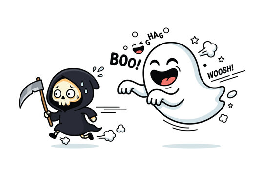 cute ghost chasing grim reaper in cartoon style high quality professional detailed modern elegant stylish clean crisp