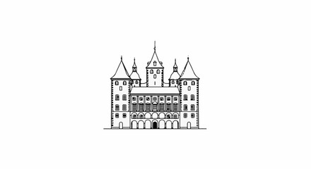 Obraz premium A black and white line drawing of a grand castle with multiple towers and arches