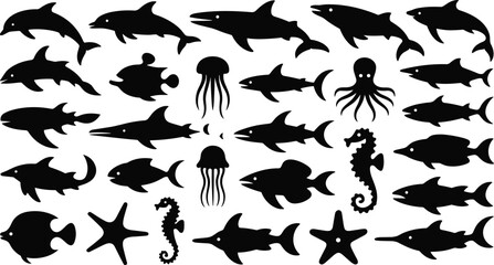 Marine animal silhouettes collection isolated on white background, including dolphin shark octopus jellyfish seahorse and fish vector illustration set © MD MIJANUR