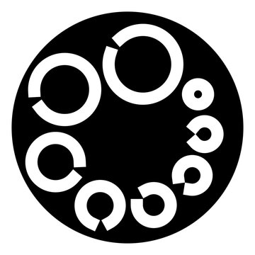 Landolt c rings, varying in size and orientation, are arranged in a circular pattern on a black background, representing ophthalmology and optometry vision screening