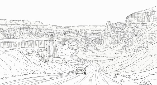 A car navigates a winding road through a vast, sun-baked canyon landscape