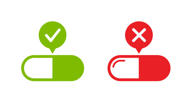 Two illustrated pills indicating correct and incorrect usage with a green check and red cross.