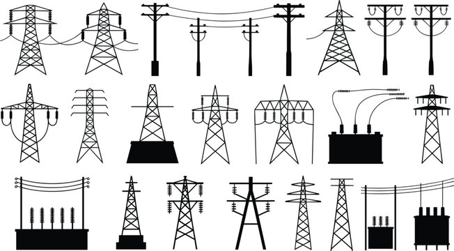 Power line and electricity tower silhouettes collection isolated on white background, various transmission poles and transformers vector illustration set