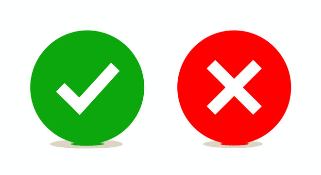 Contrast between approval and rejection symbols featuring a green checkmark and red cross icon set.