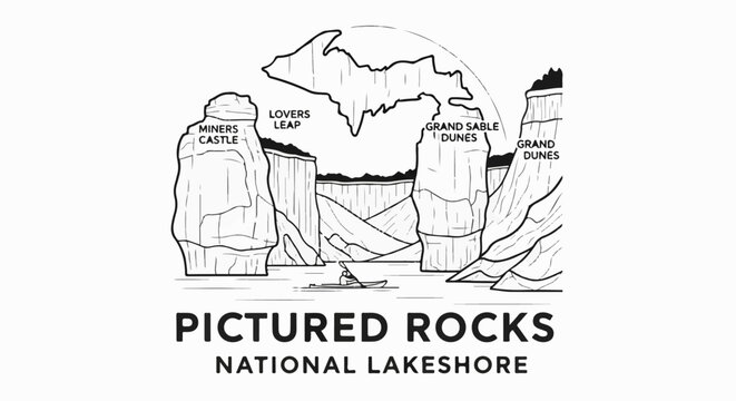 A minimalist ink drawing of sandstone cliffs and a kayaker at Pictured Rocks