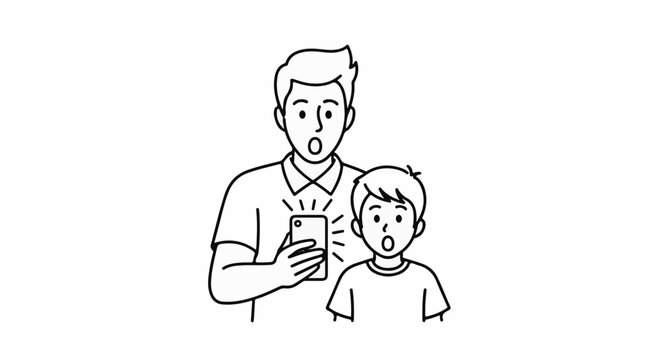 A father and son react with surprise to a mobile phone screen