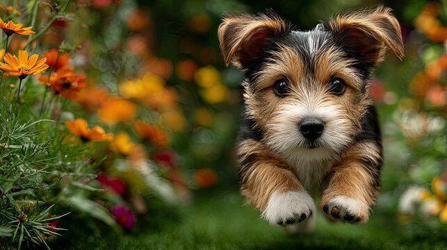 Cute puppy dog running with lawn and garden in the background.