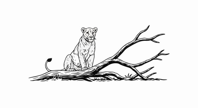 A lioness rests on a fallen branch in a stark, illustrative style
