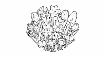 Naklejka premium A black and white sketch of various spring flowers with garden tools