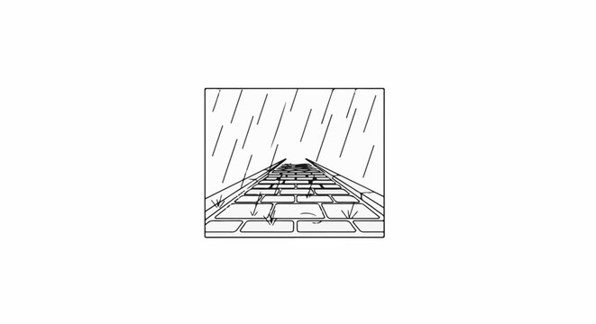 A perspective view of a brick path with rain falling