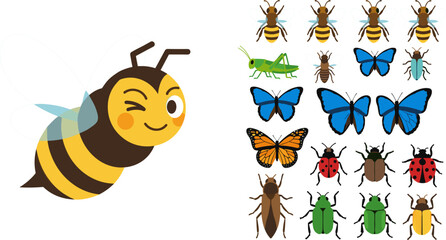 Cute winking cartoon honeybee character with colorful insect collection set featuring butterfly, beetle, ladybug and grasshopper © MDShakhawat