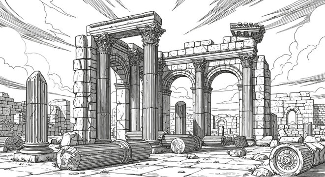 Ancient architectural ruins illustration showing columns and archways on a sunny day