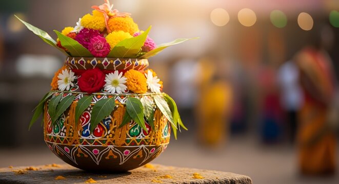 Beautifully decorated clay pot with vibrant flowers and leaves for a Hindu festival