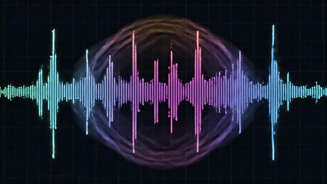 A vibrant, abstract visualization of sound waves displayed against a dark grid background, showcasing a dynamic and colorful representation of audio frequencies.