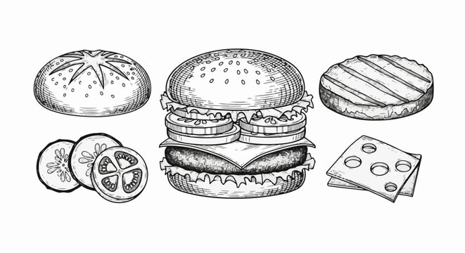 A detailed, monochrome sketch of a stacked burger and its components