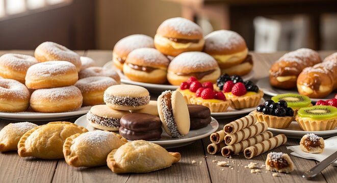 Large assortment of Latin American pastries including alfajores, berlinesas, fruit tarts and sweet empanadas