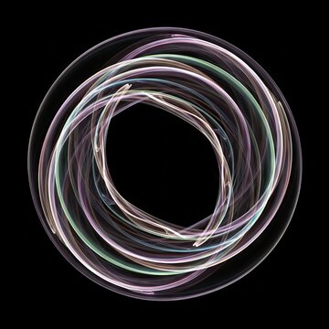 Shimmering spectral layers of a recurring circular motion suspended in an empty dark expanse, representing the essence of eternal return, movement, pattern, phase