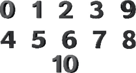 Halftone number set from zero to ten in bold black typography style with 3d effect on transparent grey background. © Ontora