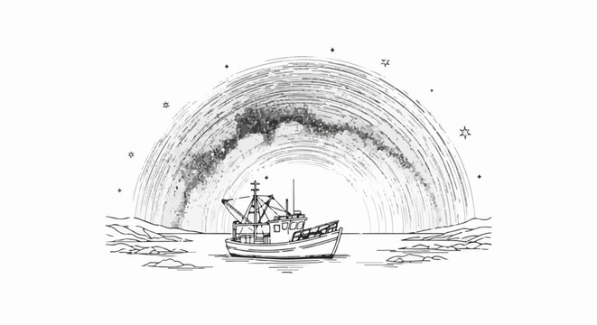 A fishing vessel sails under a textured celestial arc with scattered stars