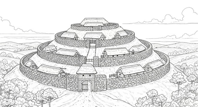 Ancient fortified settlement illustration showing stone walls and buildings