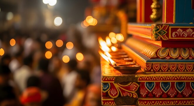 Burning oil lamps on decorated wooden chariot during Jagannath Rath Yatra festival in Puri Odisha India